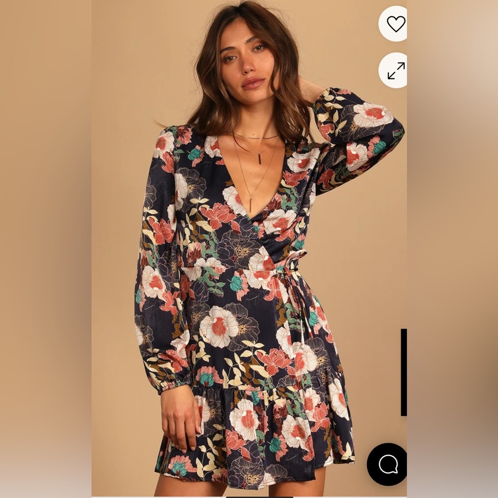 Navy Blue Floral Satin Long Sleeve Wrap Dress